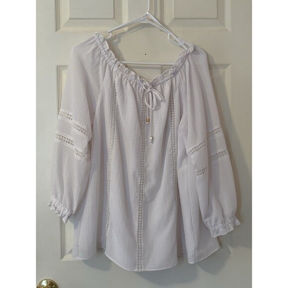 Michael Kors Tops - MICHAEL KORS White Cotton Short Sleeve Lace Up Eyelet Peasant Blouse Top L